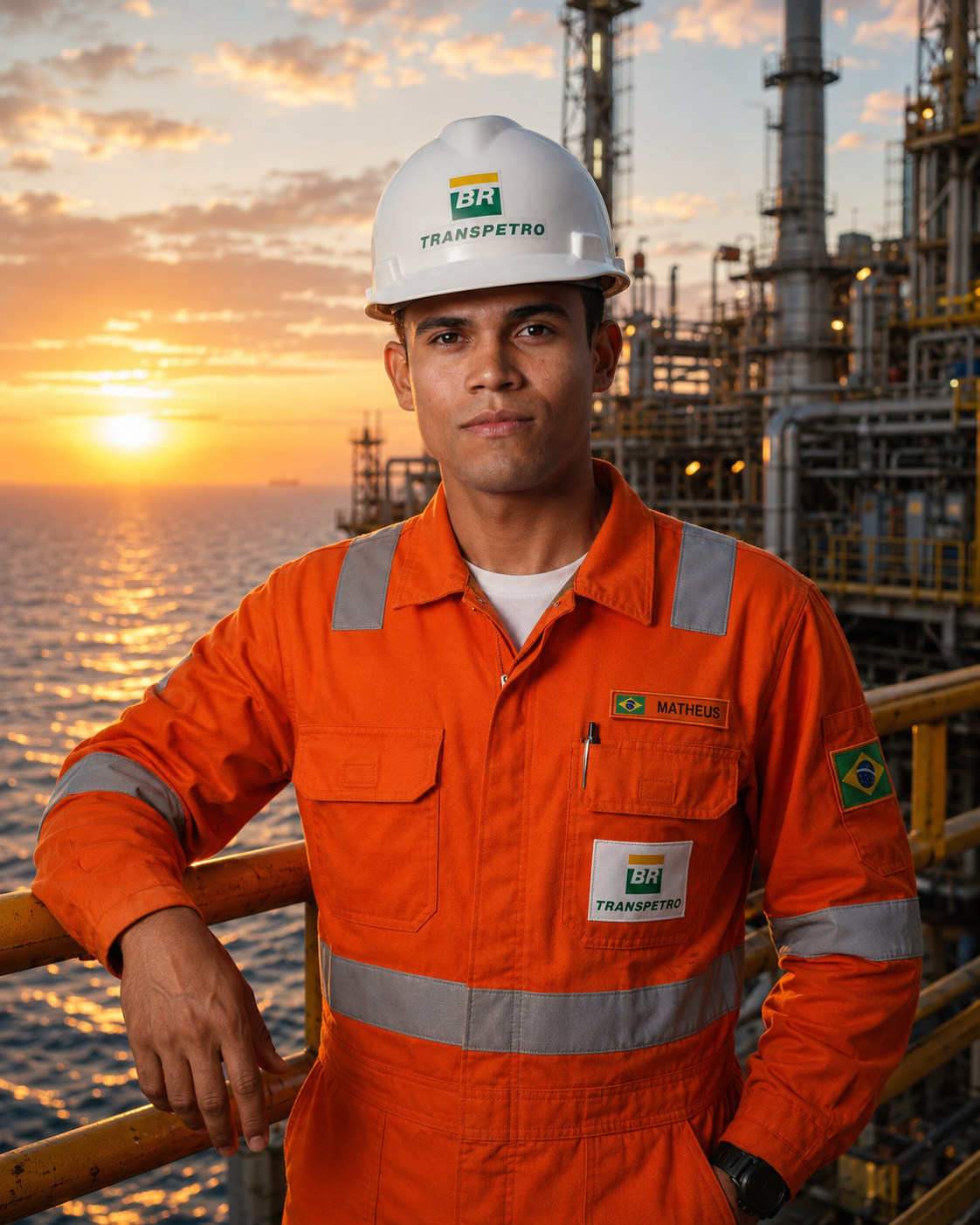 Matheus Renovato, engenheiro de farda laranja da Transpetro, diante de uma plataforma ao pôr do sol